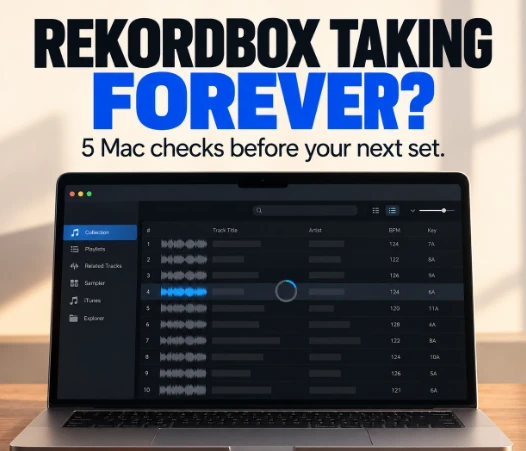 rekordbox on a MacBook next to a DJ controller, with a track loading