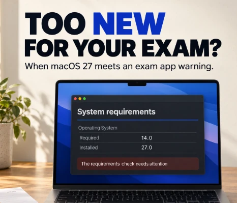 A MacBook showing an exam app system requirements check: required 14.0, installed 27.0